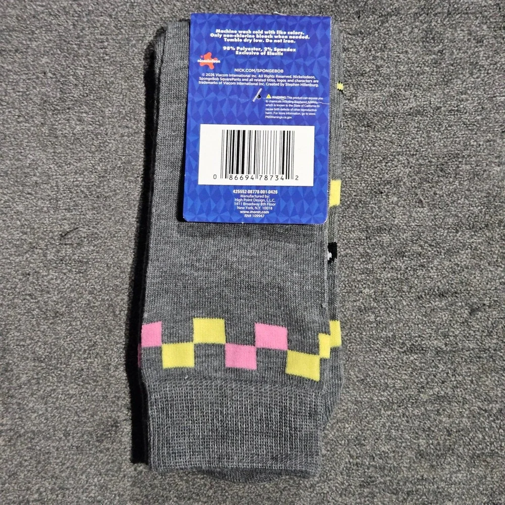 Nickelodeon SpongeBob SquarePants Gray Checkered Crew Socks Unisex Size 6.5-12